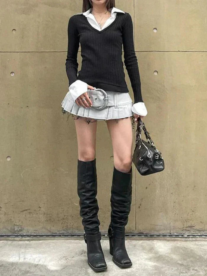 BLACK RIBBED V-NECK SWEATER WITH WHITE COLLAR AND CUFFS Y2K TURTLENECK