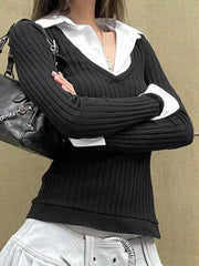 BLACK RIBBED V-NECK SWEATER WITH WHITE COLLAR AND CUFFS Y2K TURTLENECK