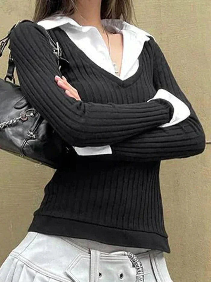 BLACK RIBBED V-NECK SWEATER WITH WHITE COLLAR AND CUFFS Y2K TURTLENECK