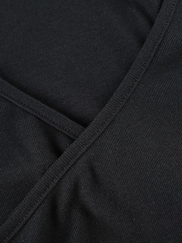 BLACK RIBBED WRAP TOP WITH TIE STRAP AND SLIM FIT SHORT SLEEVES