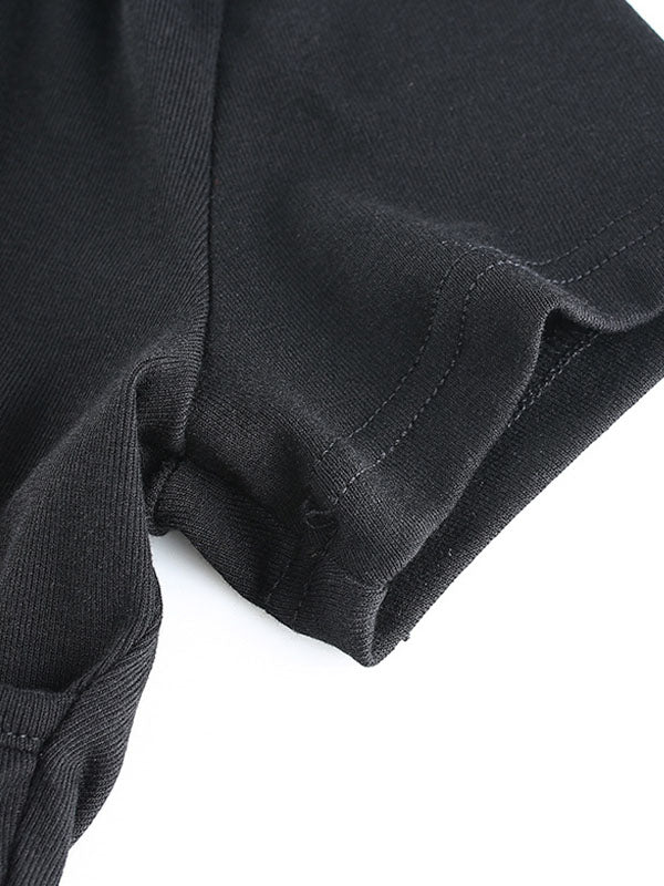 BLACK RIBBED WRAP TOP WITH TIE STRAP AND SLIM FIT SHORT SLEEVES