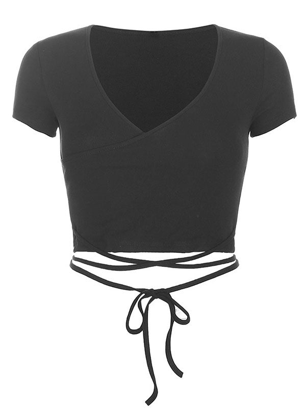 BLACK RIBBED WRAP TOP WITH TIE STRAP AND SLIM FIT SHORT SLEEVES