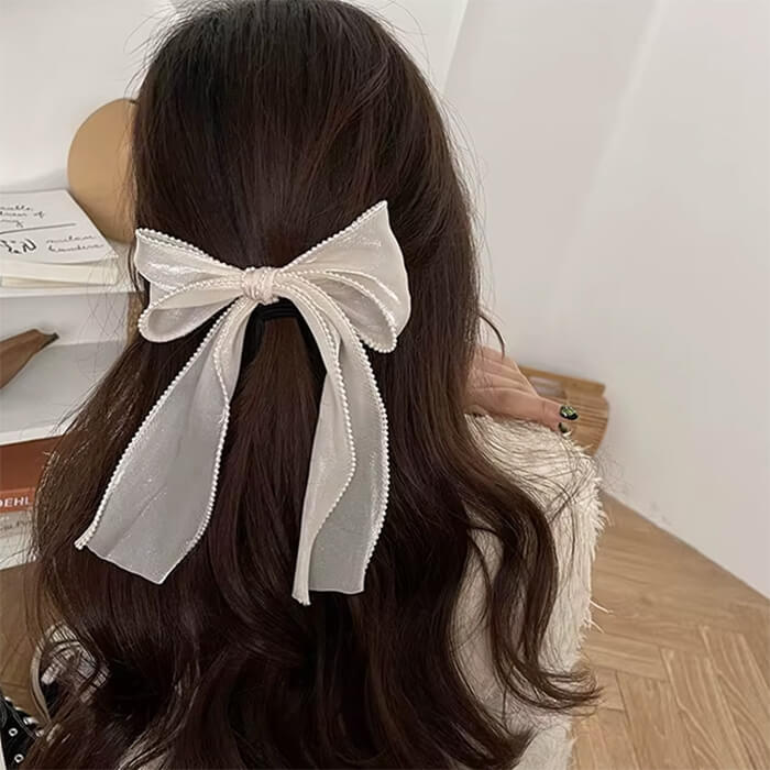 BLACK RIBBON BOW WHITE TRIM HAIR ACCESSORY