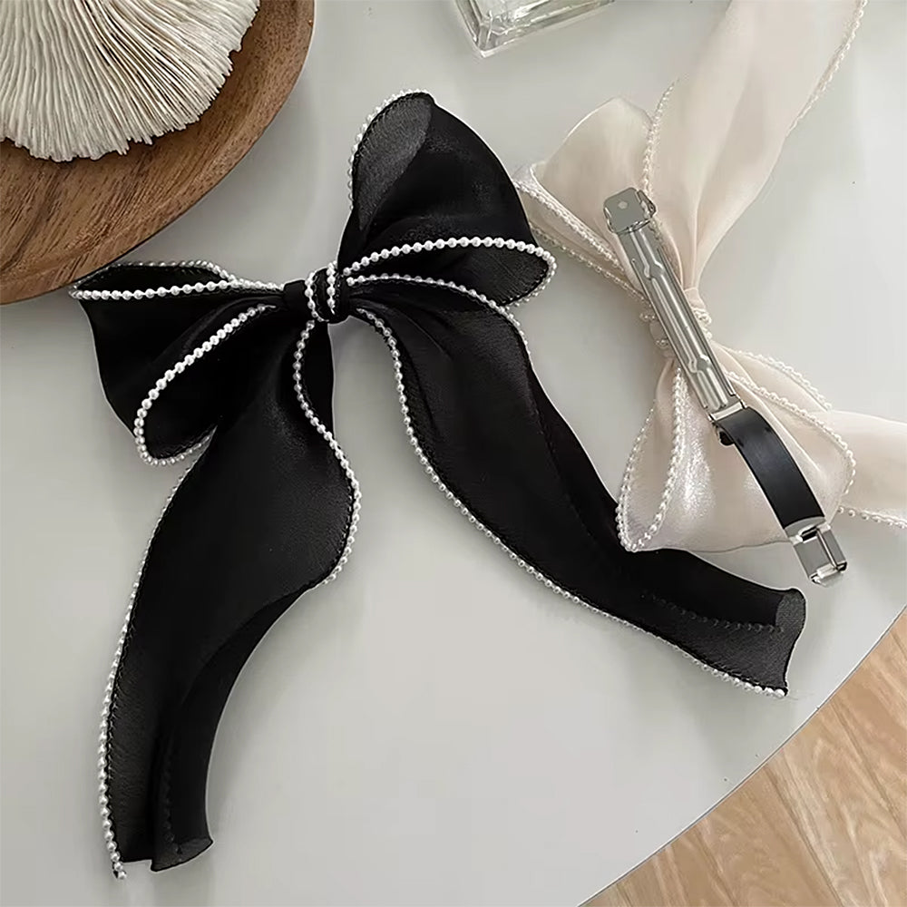 BLACK RIBBON BOW WHITE TRIM HAIR ACCESSORY
