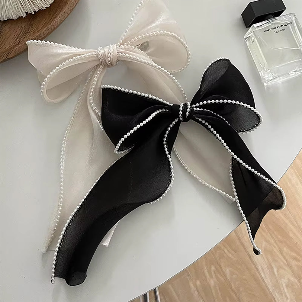 BLACK RIBBON BOW WHITE TRIM HAIR ACCESSORY