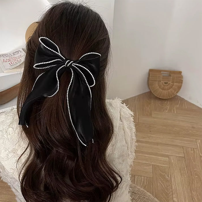 BLACK RIBBON BOW WHITE TRIM HAIR ACCESSORY