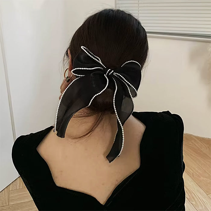 BLACK RIBBON BOW WHITE TRIM HAIR ACCESSORY