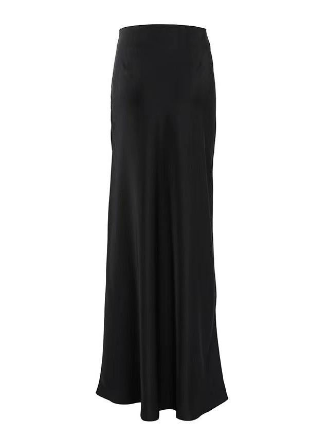 BLACK SATIN MAXI SKIRT - CLASSIC SOLID COLOR ELEGANCE