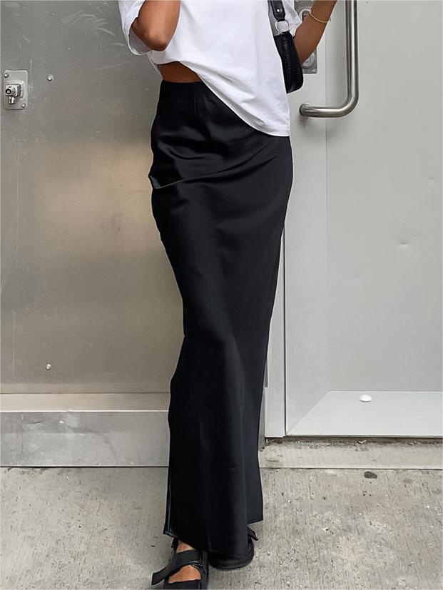BLACK SATIN MAXI SKIRT - CLASSIC SOLID COLOR ELEGANCE
