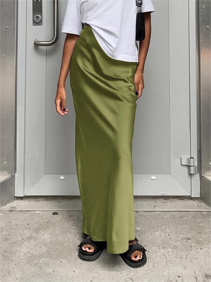 BLACK SATIN MAXI SKIRT - CLASSIC SOLID COLOR ELEGANCE