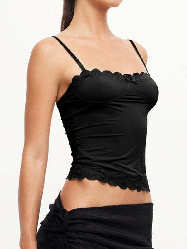 BLACK SCALLOPED CAMISOLE TOP FOR CASUAL VINTAGE STYLING WITH TIGHT SLEEVES