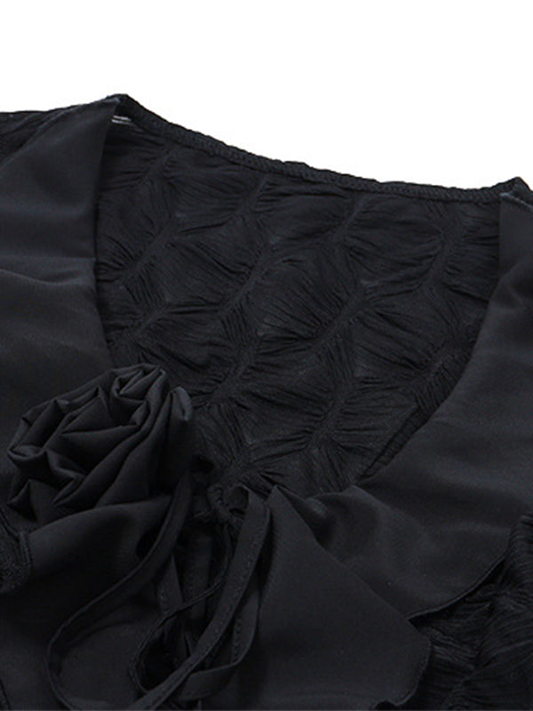 BLACK SHEER RUFFLED BLOUSE WITH FLORAL RUFFLE DETAILS