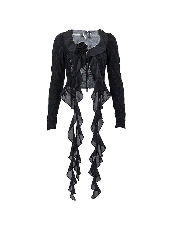 BLACK SHEER RUFFLED BLOUSE WITH FLORAL RUFFLE DETAILS