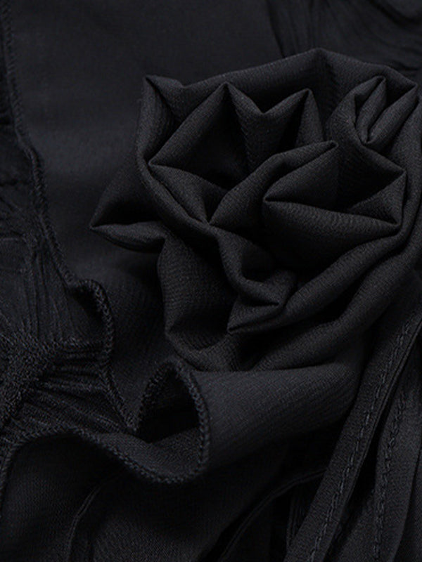BLACK SHEER RUFFLED TOP WITH FLORAL RUFFLE DETAILS