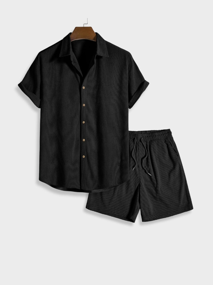 BLACK SHIRT AND SHORTS OUTFIT WITH ACCESSORIES