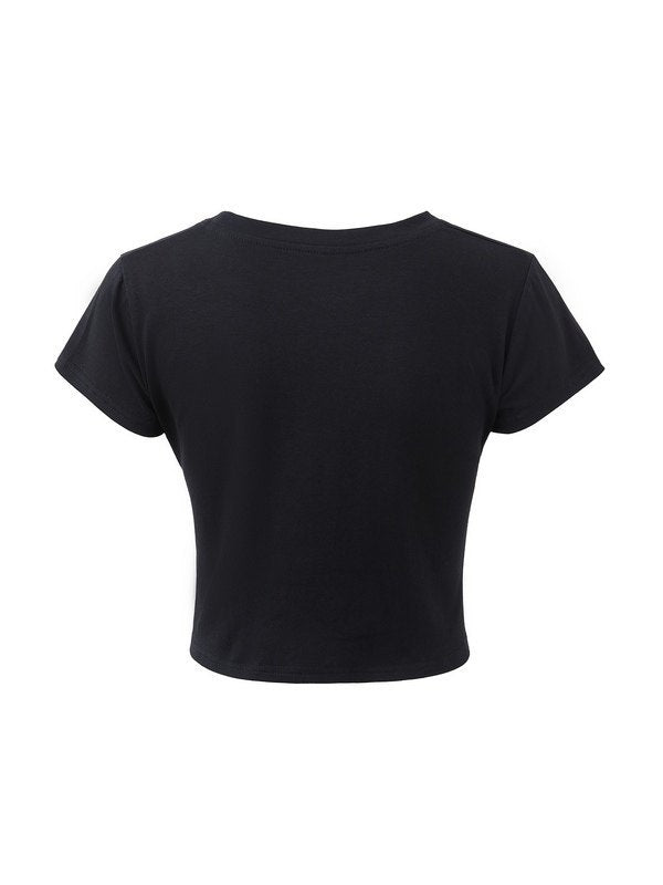 BLACK SKULL PRINTED T-SHIRT - SLIM FIT ROUND NECK SHORT Y2K STYLE