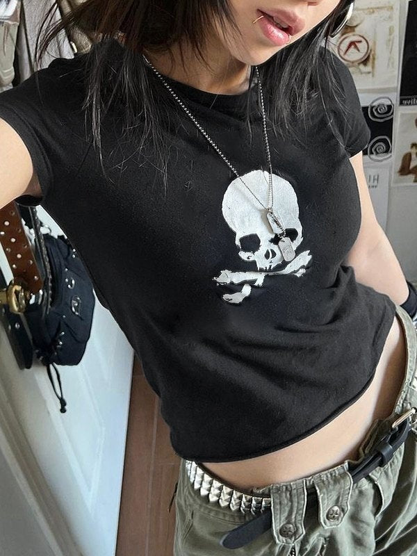 BLACK SKULL PRINTED T-SHIRT - SLIM FIT ROUND NECK SHORT Y2K STYLE