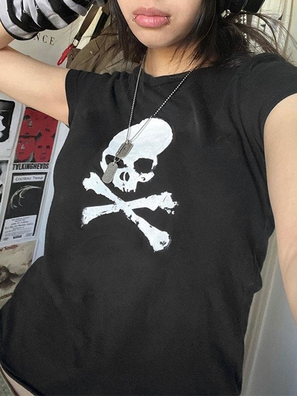 BLACK SKULL PRINTED T-SHIRT - SLIM FIT ROUND NECK SHORT Y2K STYLE