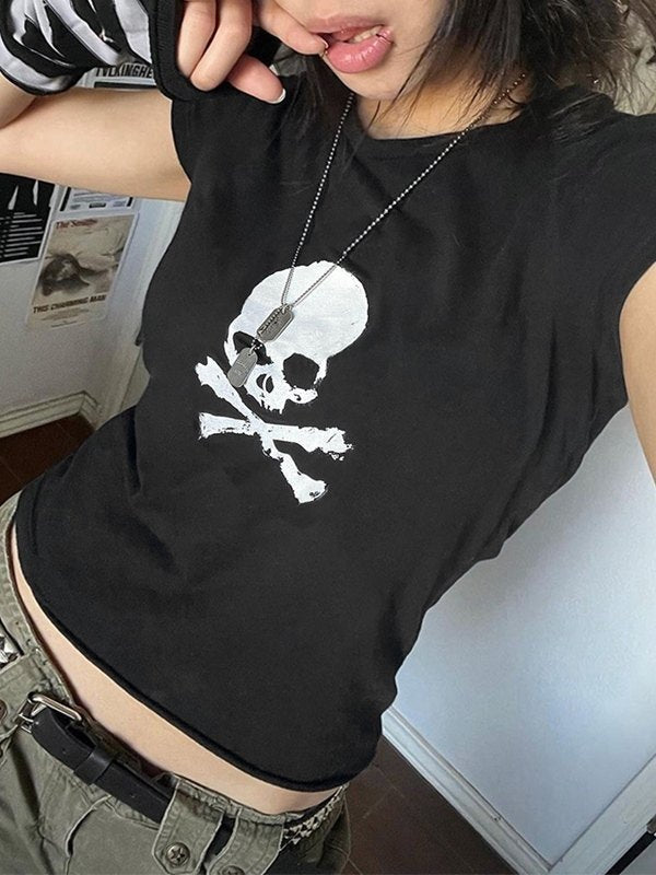 BLACK SKULL PRINTED T-SHIRT - SLIM FIT ROUND NECK SHORT Y2K STYLE