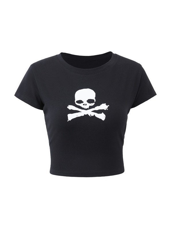 BLACK SKULL PRINTED T-SHIRT - SLIM FIT ROUND NECK SHORT Y2K STYLE