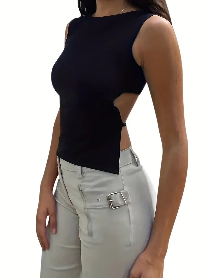 BLACK SLEEVELESS TOP WITH SIDE CUTOUTS - VINTAGE BLACK RETRO FLAIR