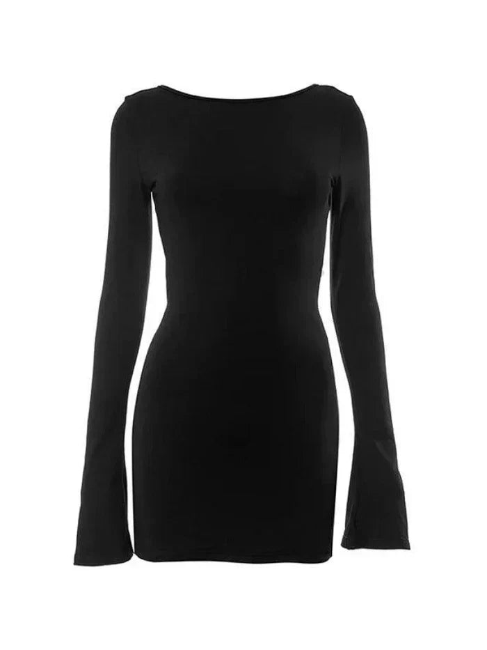 BLACK SLIM FIT DRESS WITH WHITE BOW AND ROUND NECK Y2K STYLE