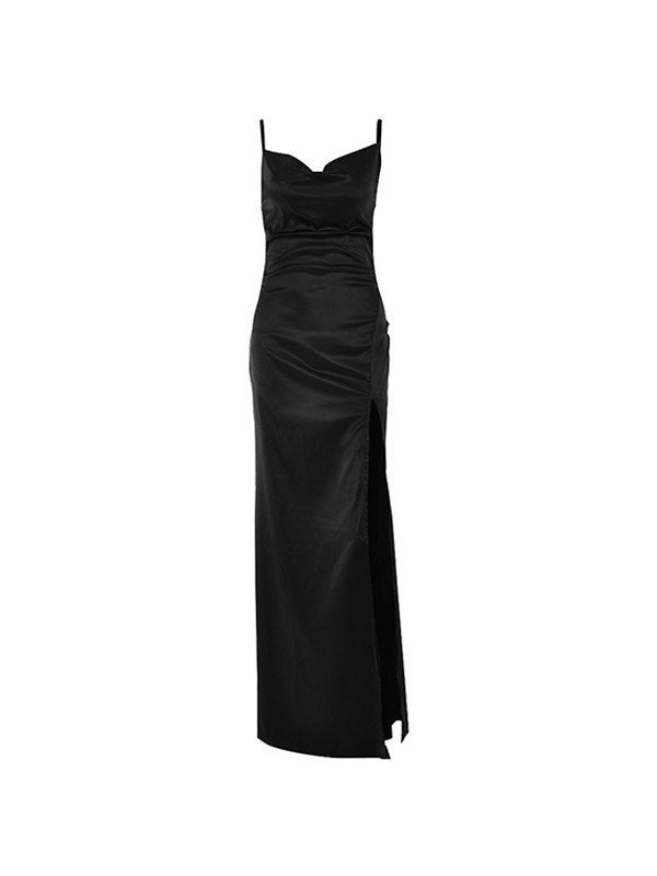 BLACK SPAGHETTI STRAP DRESS WITH THIGH-HIGH SLIT AND COWL NECK MAXI
