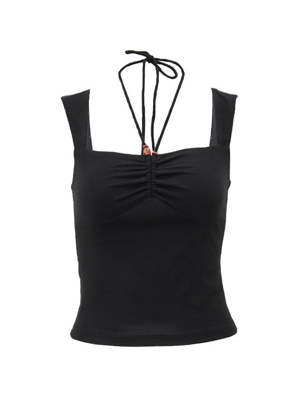 BLACK SQUARE-NECK TANK TOP SLIM FIT HALTER FIT HALTER TANK