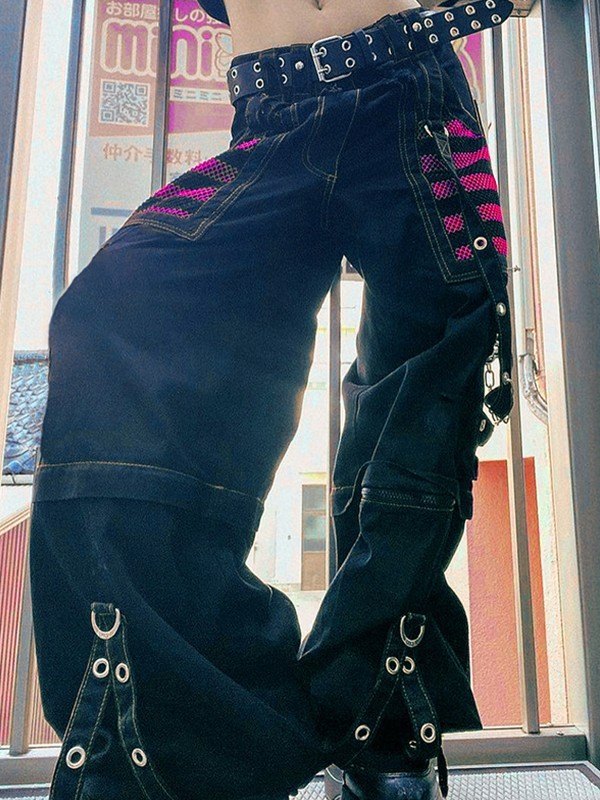 BLACK STRAIGHT LEG PANTS WITH PINK ACCENTS AND STRAPS