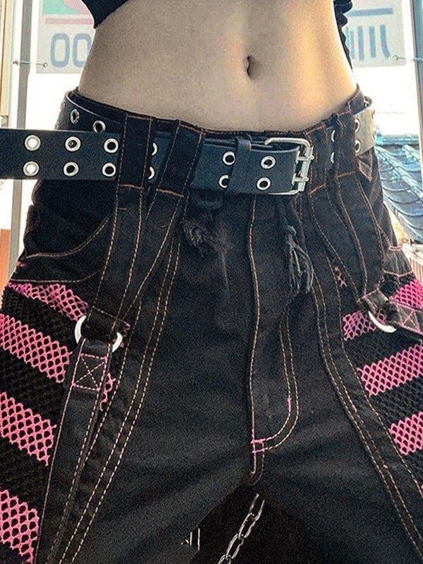 BLACK STRAIGHT LEG PANTS WITH PINK ACCENTS AND STRAPS