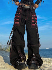 BLACK STRAIGHT LEG PANTS WITH PINK ACCENTS AND STRAPS