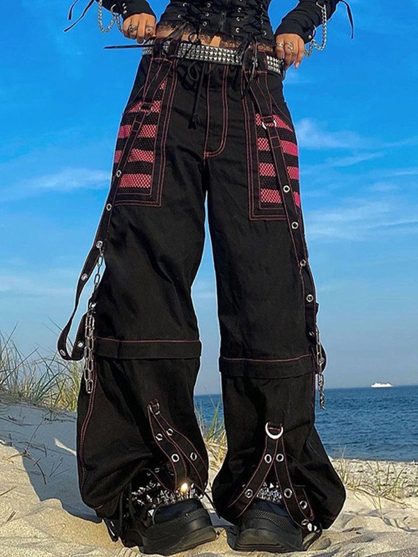 BLACK STRAIGHT LEG PANTS WITH PINK ACCENTS AND STRAPS