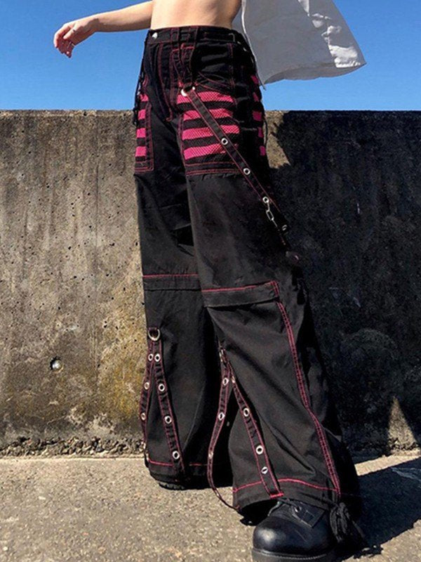 BLACK STRAIGHT LEG PANTS WITH PINK ACCENTS AND STRAPS