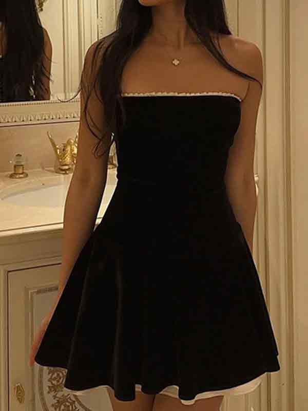 BLACK STRAPLESS MINI DRESS - CUTE OFF-THE-SHOULDER MINI