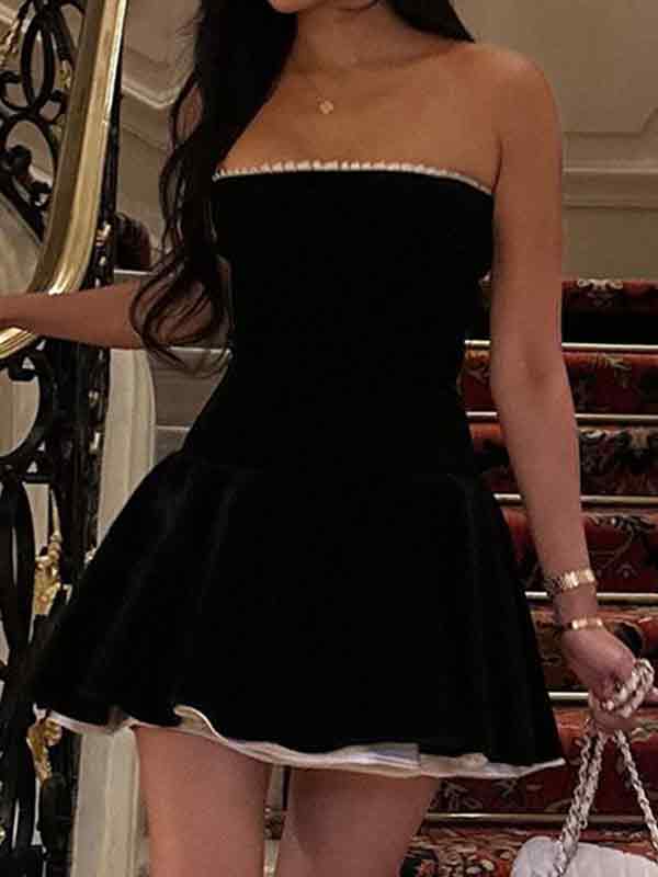 BLACK STRAPLESS MINI DRESS - CUTE OFF-THE-SHOULDER MINI