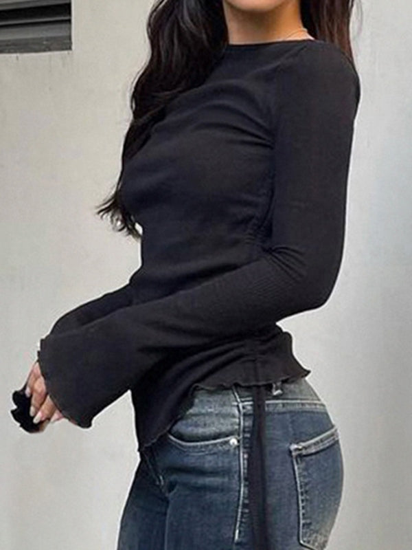 BLACK SWEATER WITH FLARED CUFFS AND UNIQUE LACING DETAILS