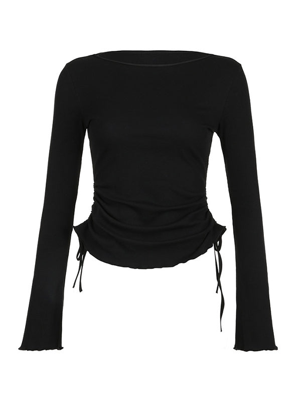 BLACK SWEATER WITH FLARED CUFFS AND UNIQUE LACING DETAILS