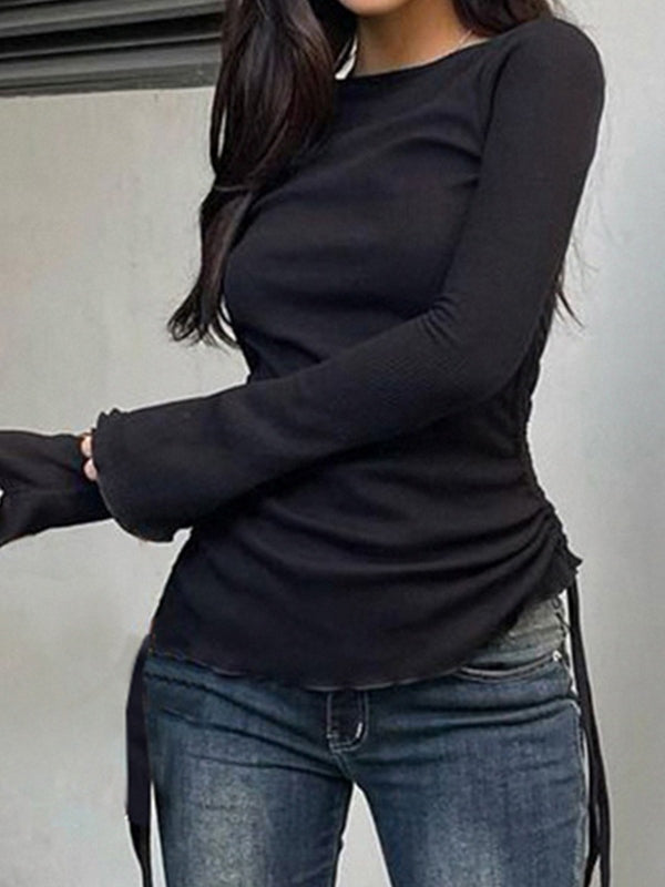 BLACK SWEATER WITH FLARED CUFFS AND UNIQUE LACING DETAILS