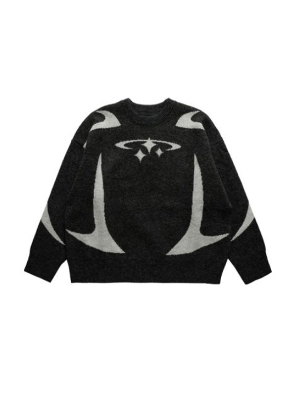 BLACK SWEATER WITH STAR DESIGN - VINTAGE STAR JACQUARD FASHION TOP