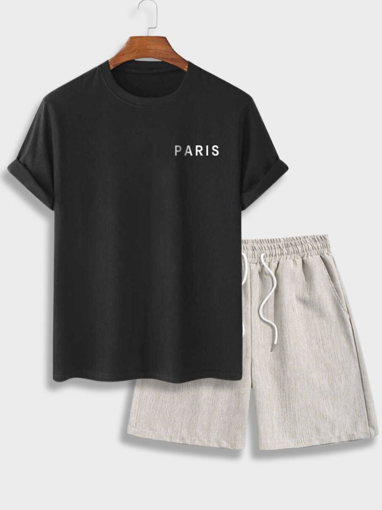 BLACK T-SHIRT AND BEIGE SHORTS SET FEATURING ICONIC LANDMARKS