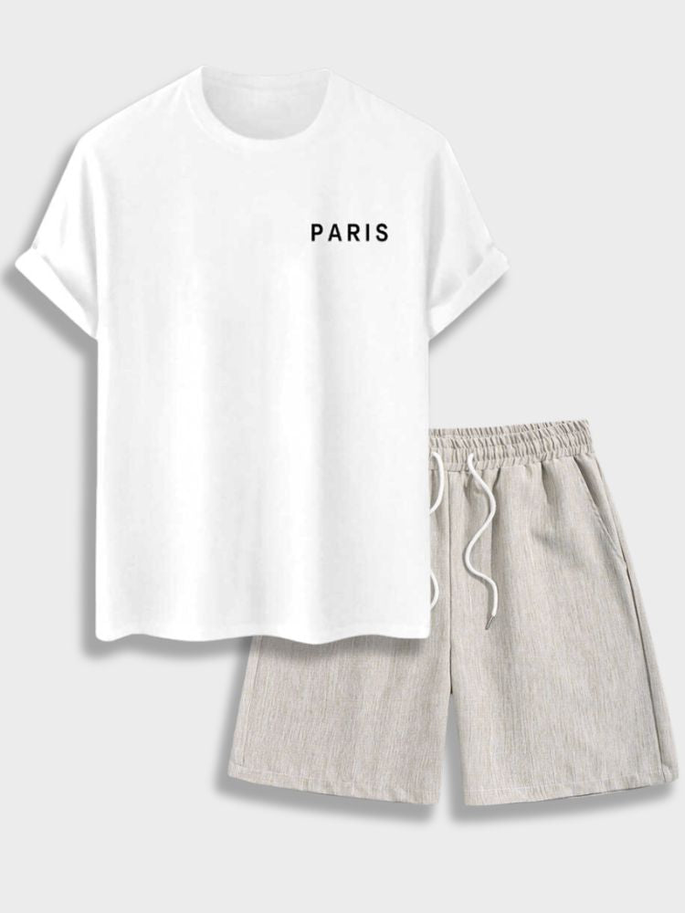BLACK T-SHIRT AND BEIGE SHORTS SET FEATURING ICONIC LANDMARKS