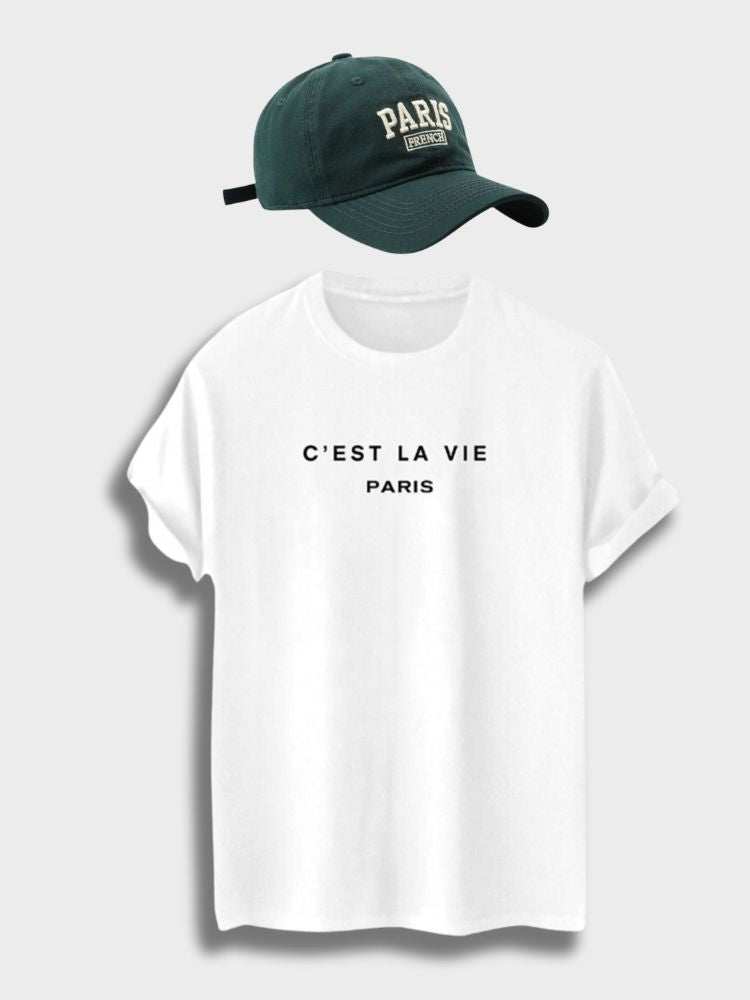 BLACK T-SHIRT C'EST LA VIE PARIS WITH STYLISH PARIS CAP THEME