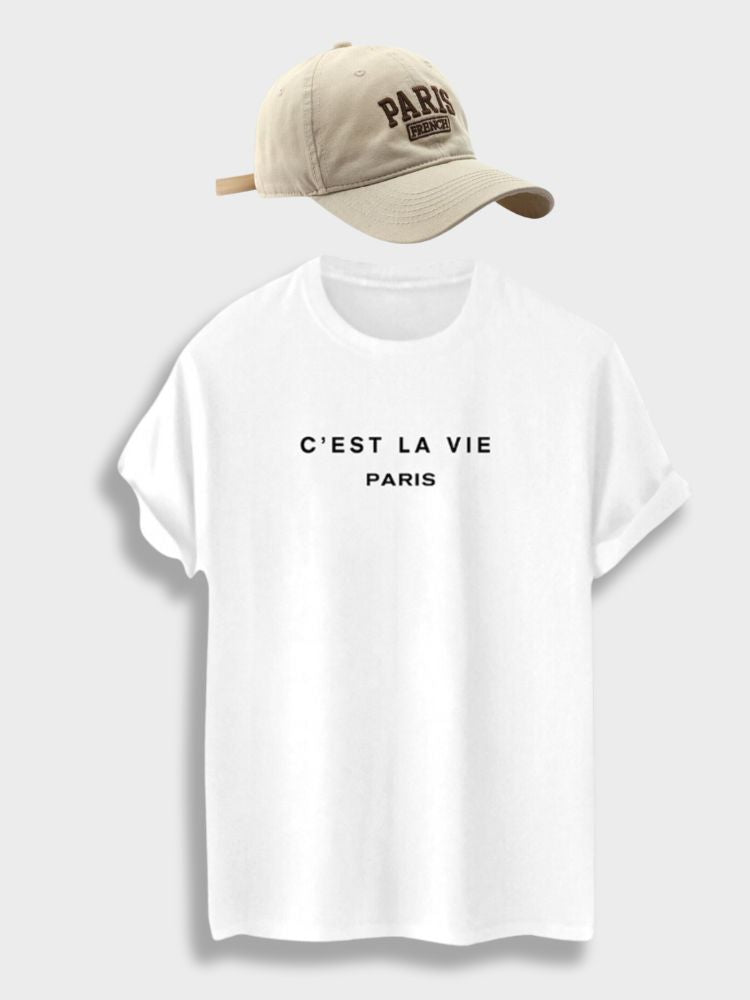 BLACK T-SHIRT C'EST LA VIE PARIS WITH STYLISH PARIS CAP THEME