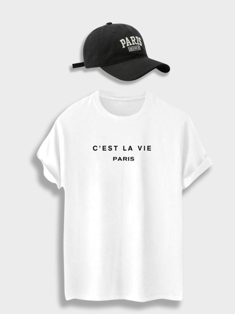 BLACK T-SHIRT C'EST LA VIE PARIS WITH STYLISH PARIS CAP THEME