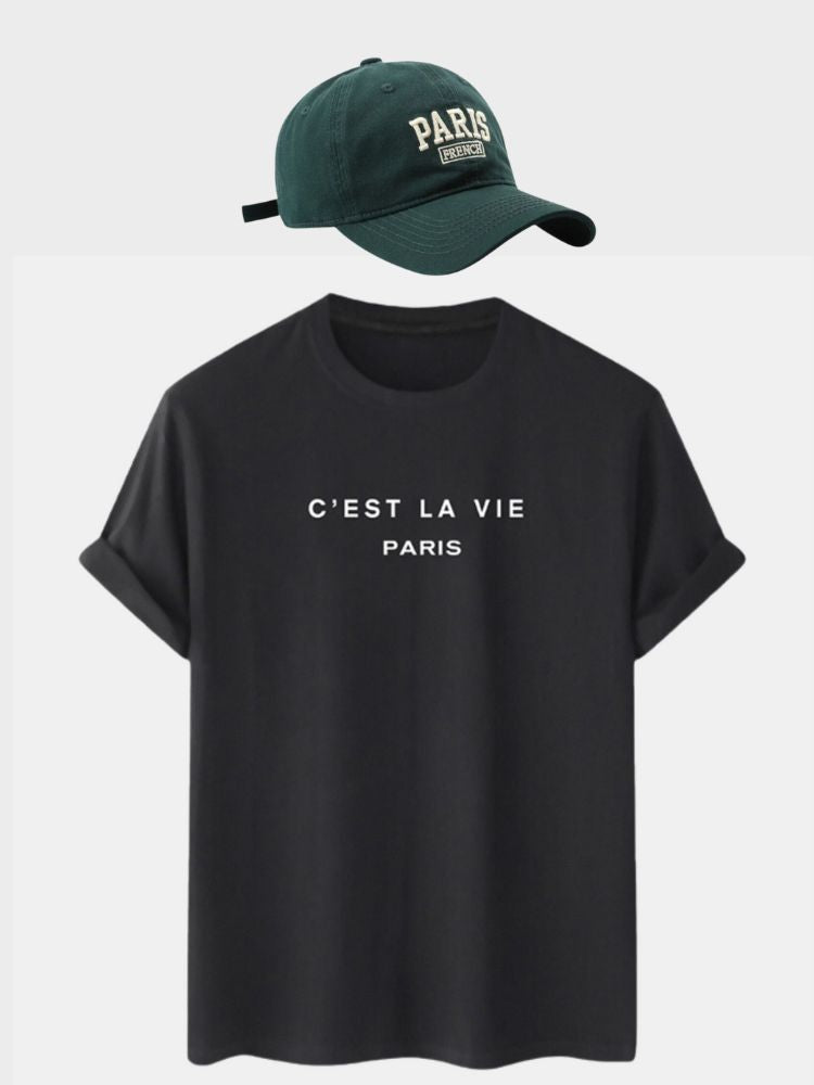 BLACK T-SHIRT C'EST LA VIE PARIS WITH STYLISH PARIS CAP THEME