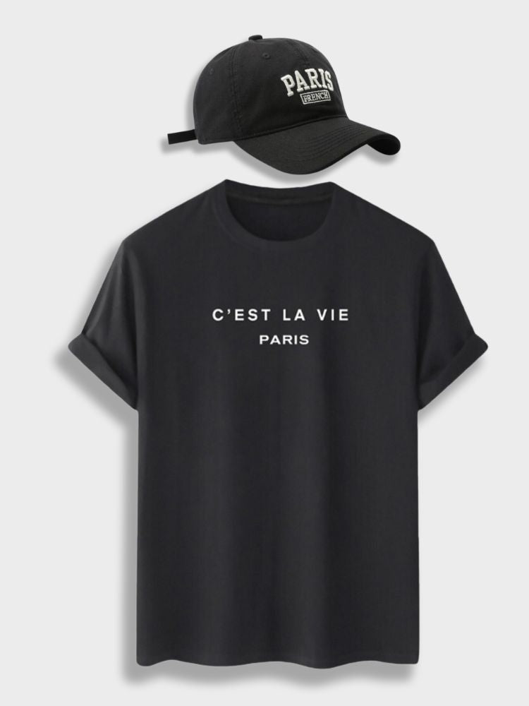 BLACK T-SHIRT C'EST LA VIE PARIS WITH STYLISH PARIS CAP THEME