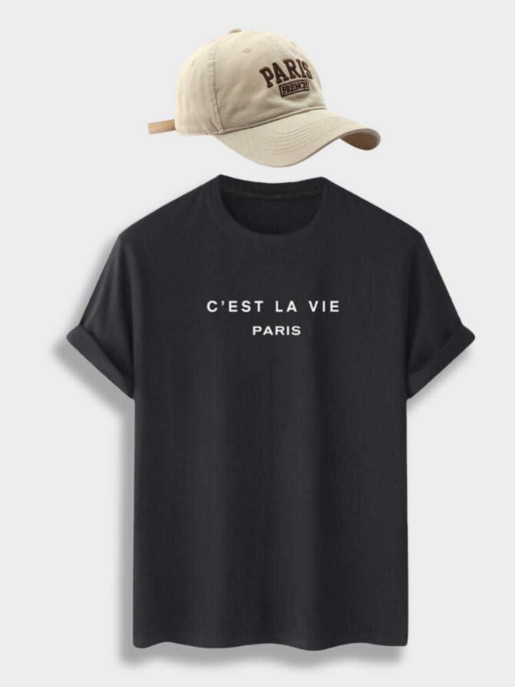 BLACK T-SHIRT C'EST LA VIE PARIS WITH STYLISH PARIS CAP THEME