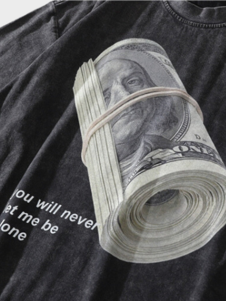 BLACK T-SHIRT WITH MONEY ROLL GRAPHIC - MONEY RULES TEE FOR FINANCE ENTHUSIASTS