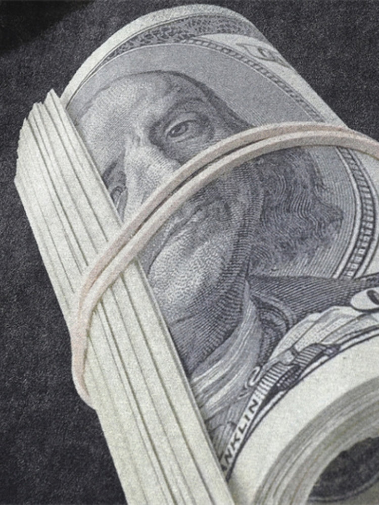 BLACK T-SHIRT WITH MONEY ROLL GRAPHIC - MONEY RULES TEE FOR FINANCE ENTHUSIASTS