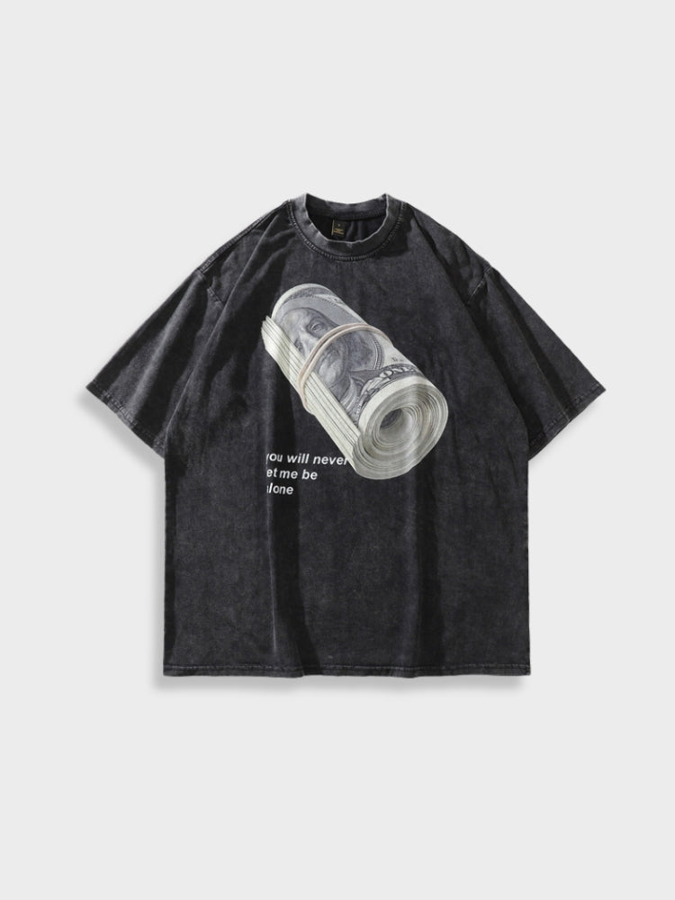 BLACK T-SHIRT WITH MONEY ROLL GRAPHIC - MONEY RULES TEE FOR FINANCE ENTHUSIASTS